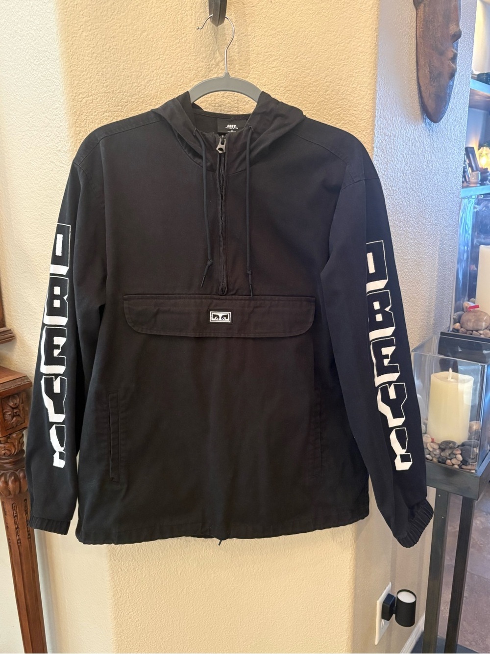 Obey Black Hoodie Streetwear Anorak Jacket with White Sleeve Logo Size Medium
